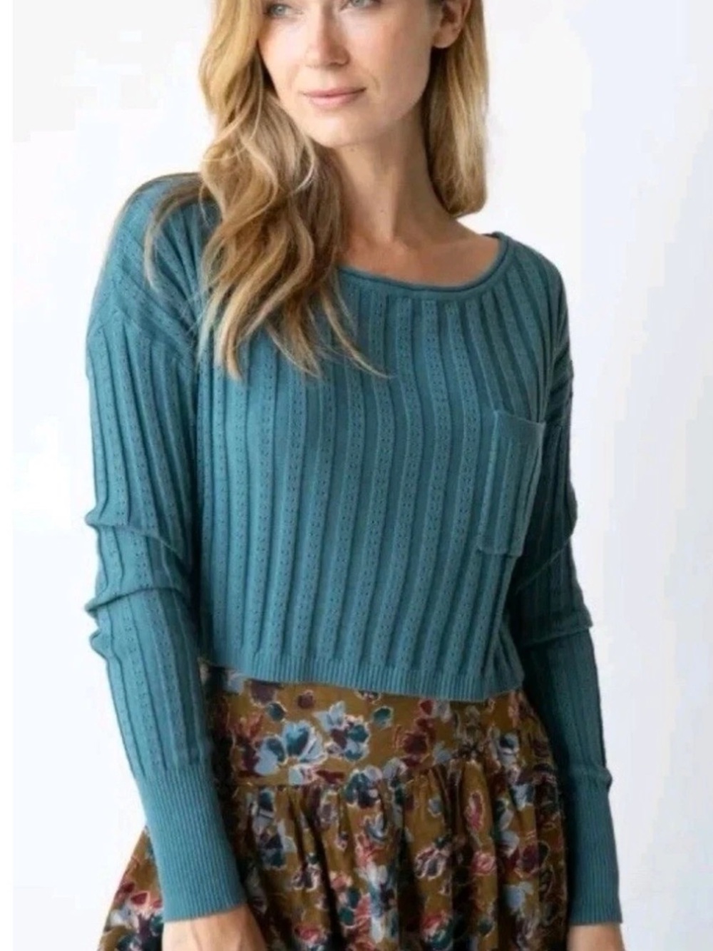 Natural Life Womens Sweater Teal Patti Layering Ribbed Knit Crop Boho Hippie Lrg